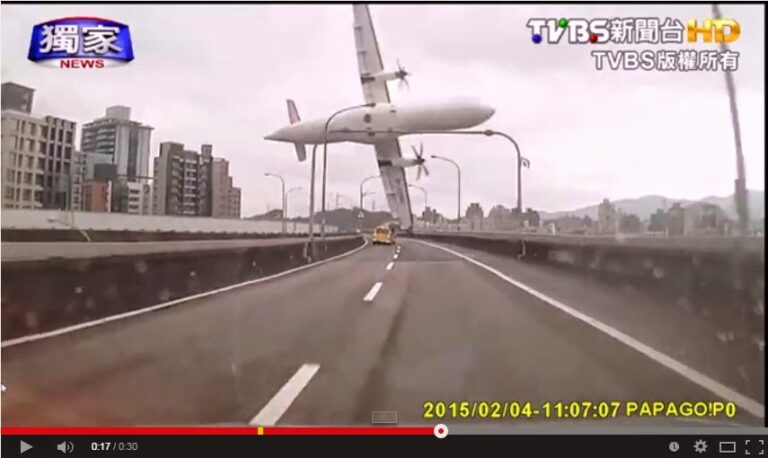 Video:  Accidente aereo en Taipei, Taiwan (el ala del avión colisiona con el puente)