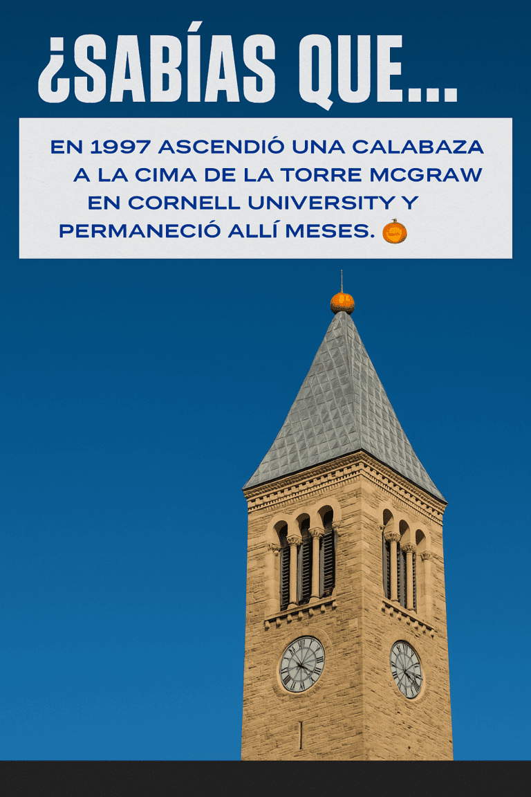 Calabaza sobre la aguja de McGraw Tower en Cornell University, el famoso prank de 1997